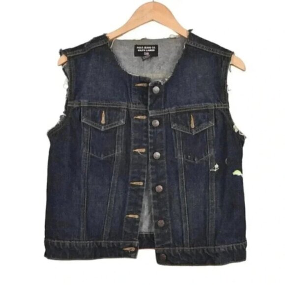 Polo Jeans Ralph Lauren Ed Hardy Denim Vest Rework Blue Jean Size Large - Picture 4 of 11